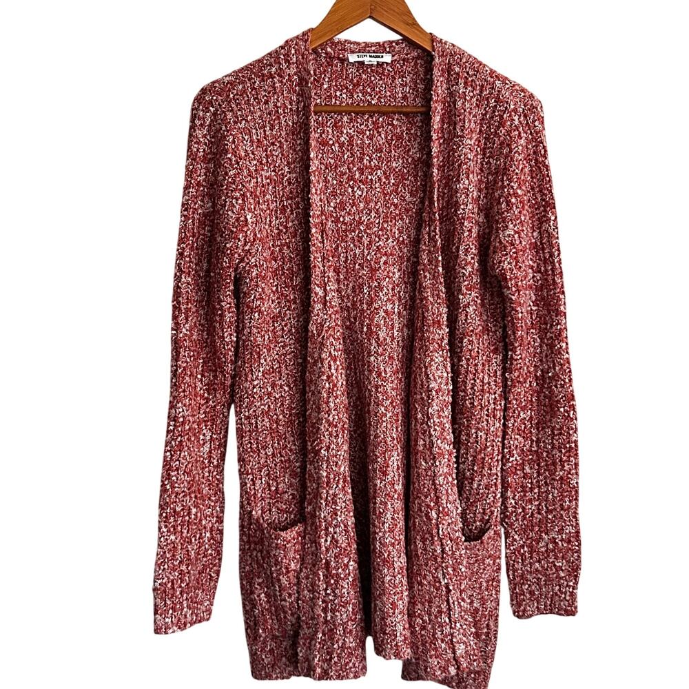 Steve Madden Odetta Marled Cardigan Sweater S NWOT Pink White Red Long Line